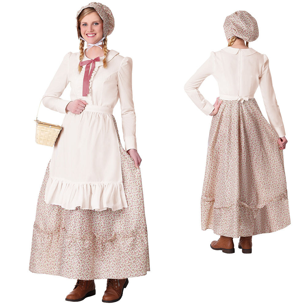 Womens Prairie Pioneer Costume Included Dress Apron Bonnet